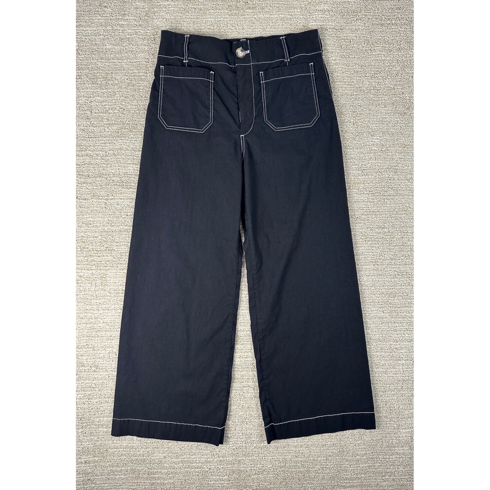 Maeve Anthropologie The Colette Wide Leg Pants Black Contrast Stitch Size 28